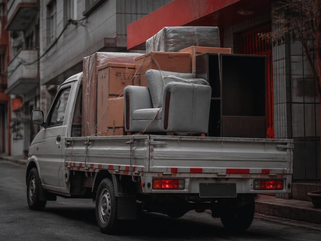 Caminhonete carregada com móveis e caixas em rua urbana