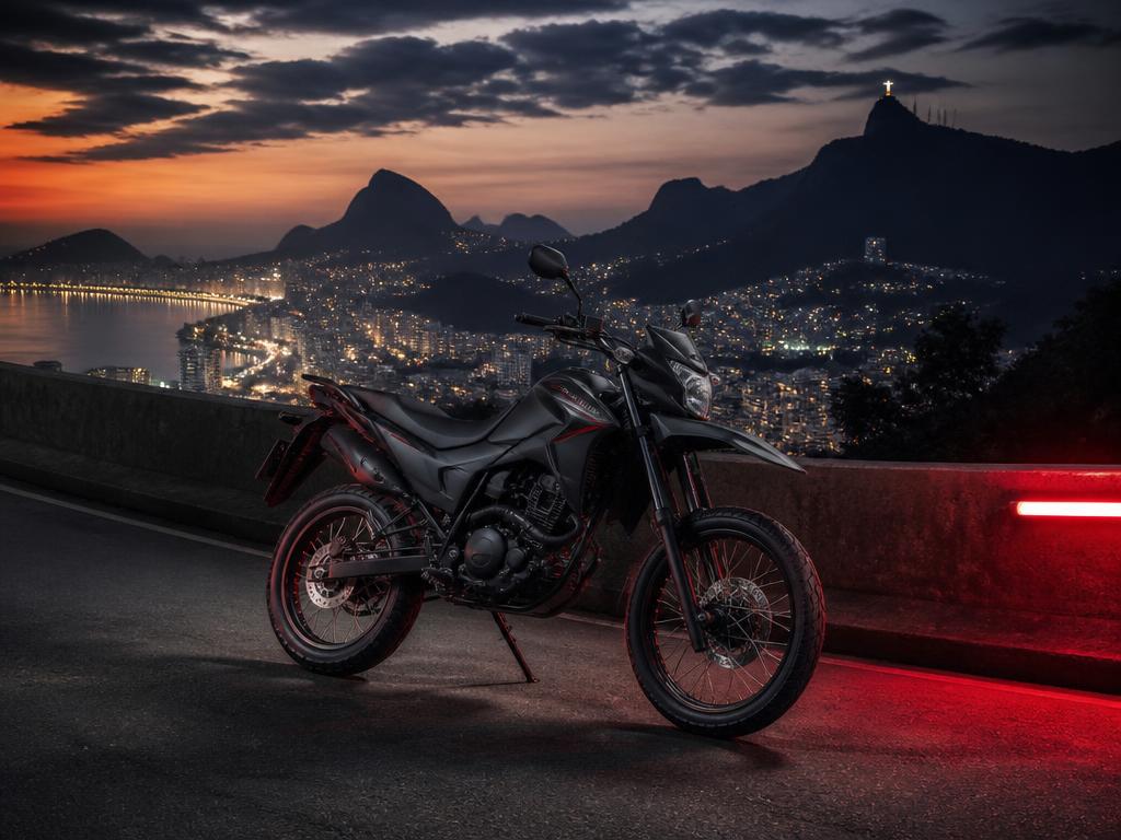 Moto estacionada em rua do Rio de Janeiro ao anoitecer