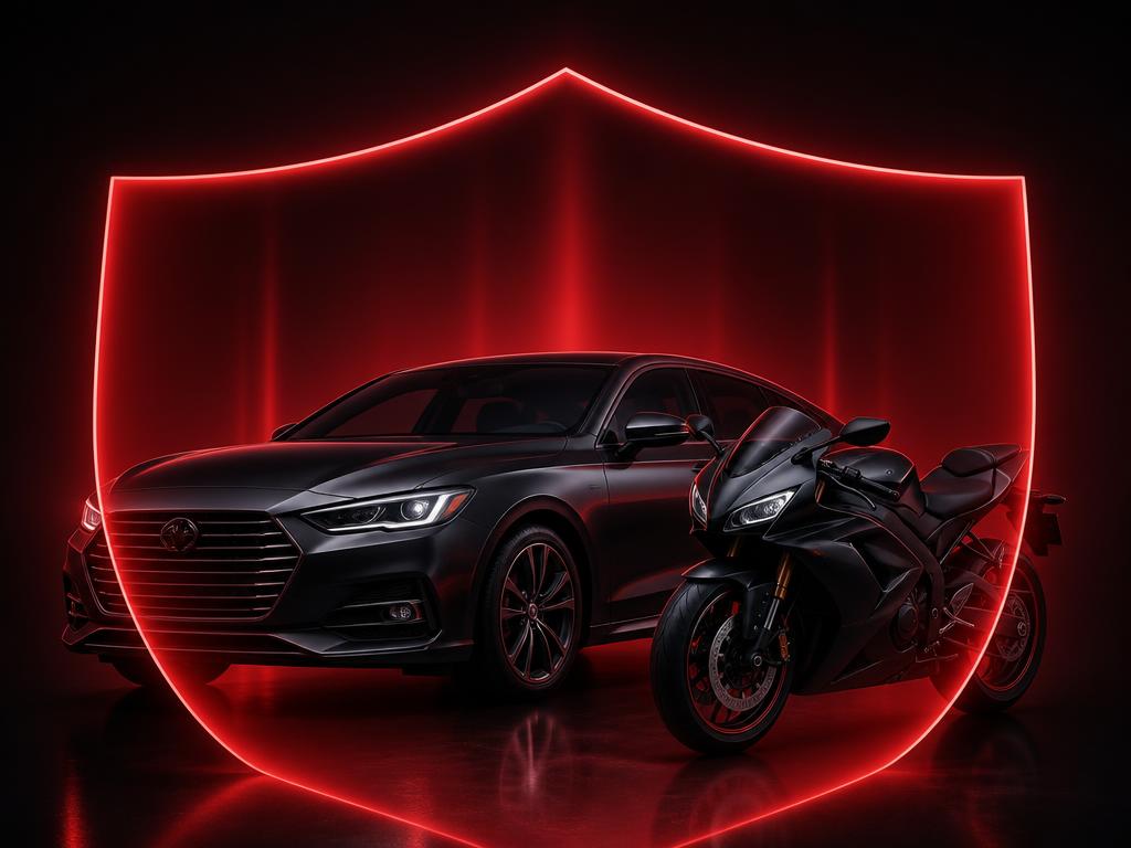 Carro e moto sob um escudo de proteção iluminado em vermelho